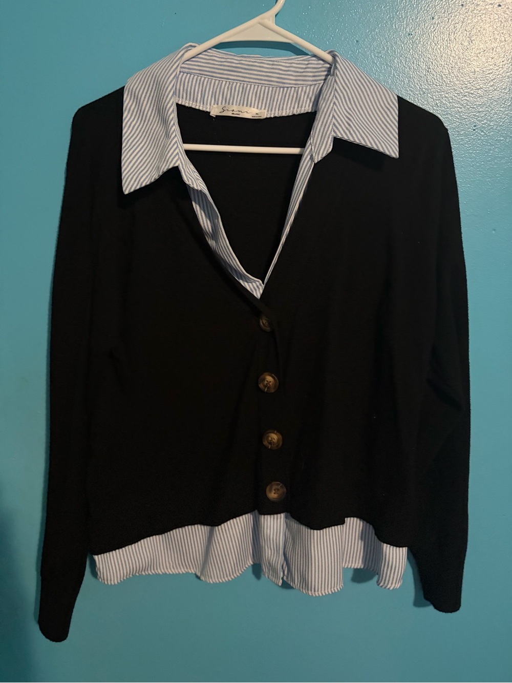 Sioni Black Cardigan with Blue-Striped Shirt Detail
